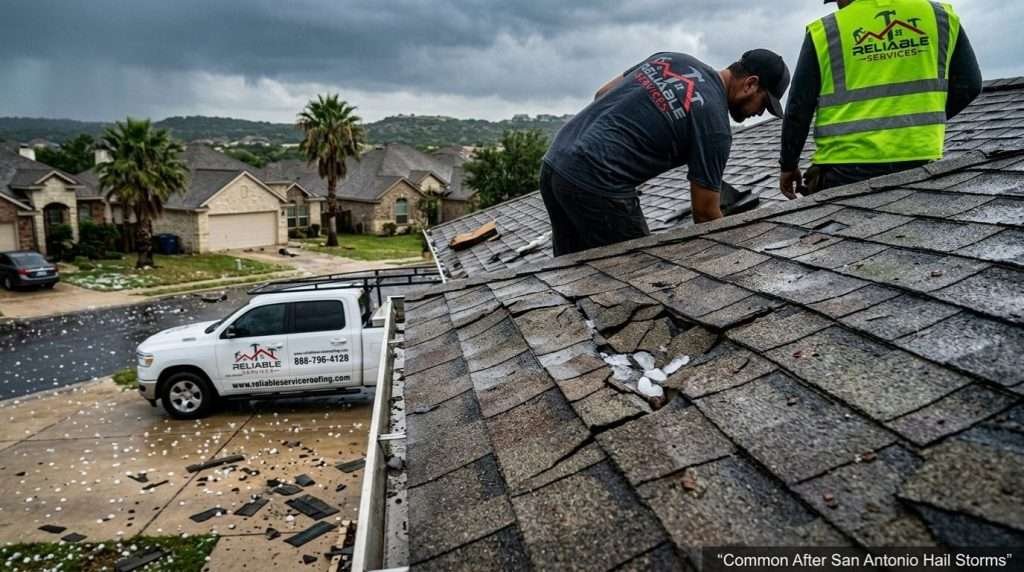 San Antonio hail and storm damage roof repair example – typical Texas hail and wind damage on roofs in Stone Oak and Alamo Heights neighborhoods