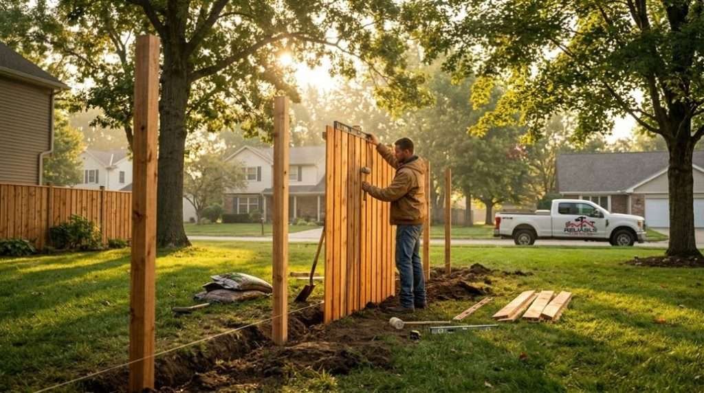 Skilled Installer Building Cedar Privacy Fence in Columbus, IN