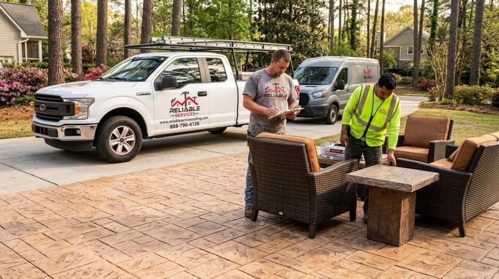 Stamped concrete patio in Atlanta with decorative stone pattern and outdoor seating