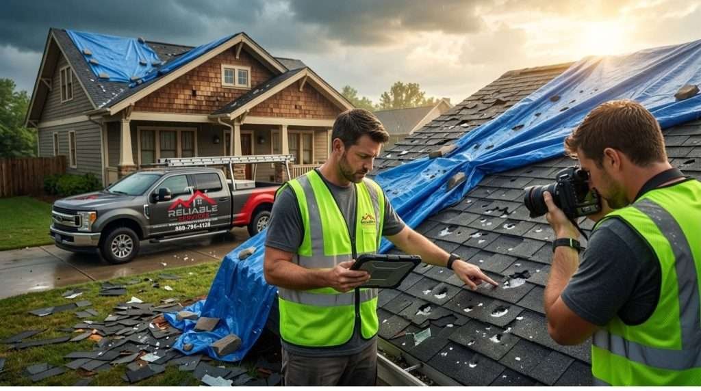 Storm damage roof inspection in Decatur Atlanta GA – Reliable Services emergency team assessing hail-damaged shingles for insurance claim assistance