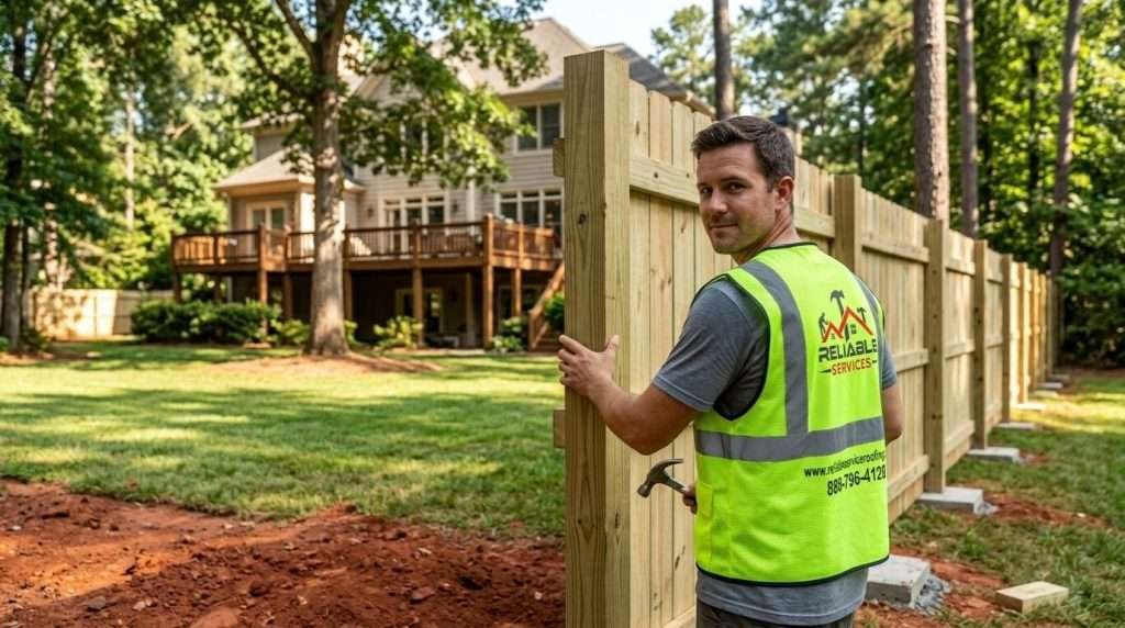 Tall wood privacy fence installed by Reliable Services in a Buckhead Atlanta backyard, built to withstand Georgia humidity and clay soil for lasting privacy