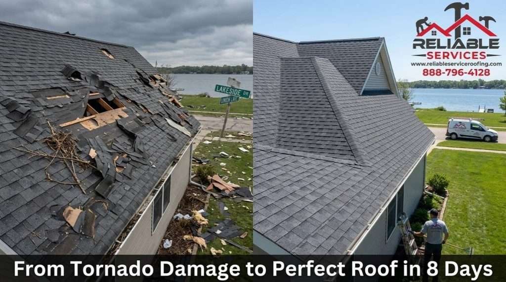 before and after storm damage roof repair Union City MI Lakeside Drive Johnson family home