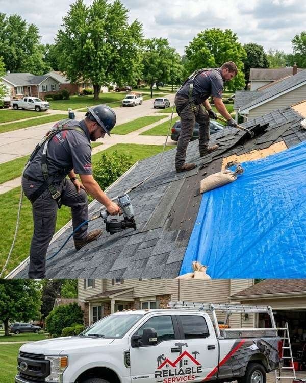 professional storm damage roof repair Union City MI crew replacing shingles after tornado