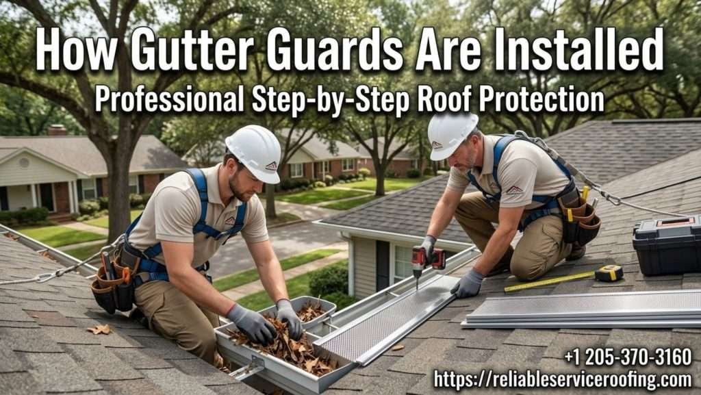 roofers installing gutter guards step by step on a house in Birmingham Alabama