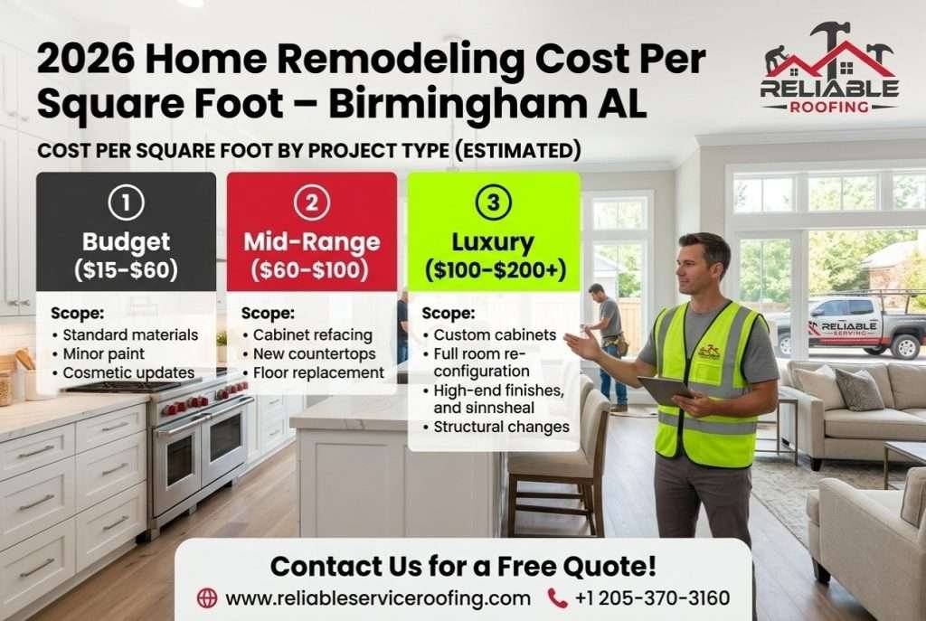 2026 home remodeling cost per square foot breakdown in Birmingham AL