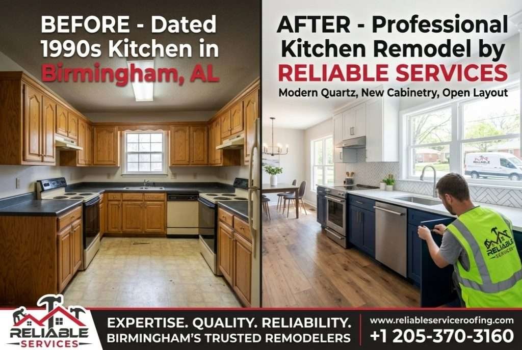 Before and after kitchen remodeling by Reliable Service Roofing in Birmingham AL