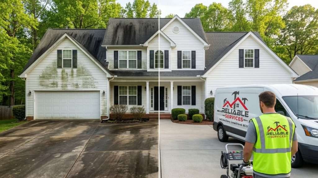 Before and after professional pressure washing Knoxville TN on a local home showing clean siding, roof, and driveway by Reliable Services