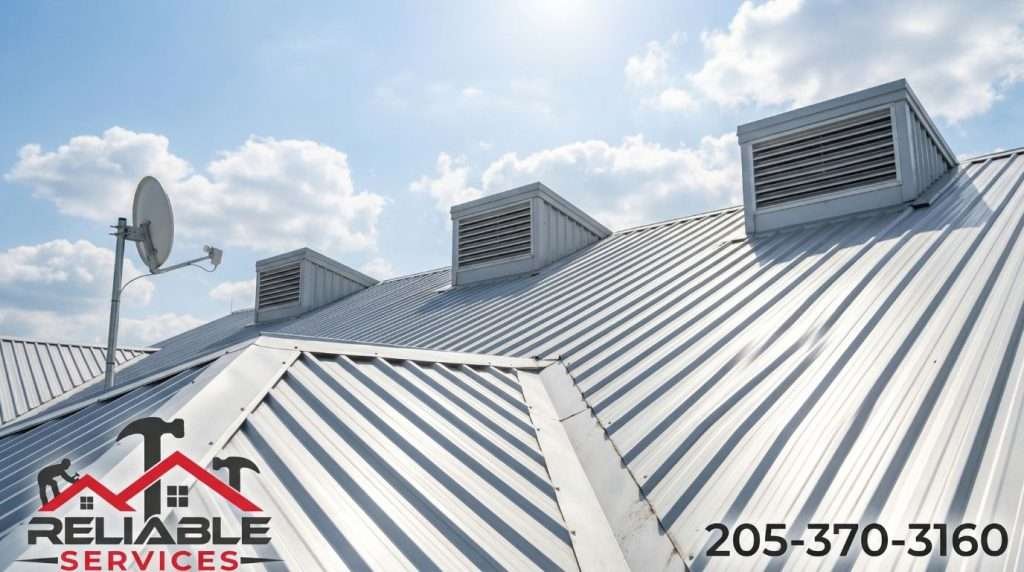 Durable metal roofing system on commercial property in Birmingham with ventilation units under blue sky