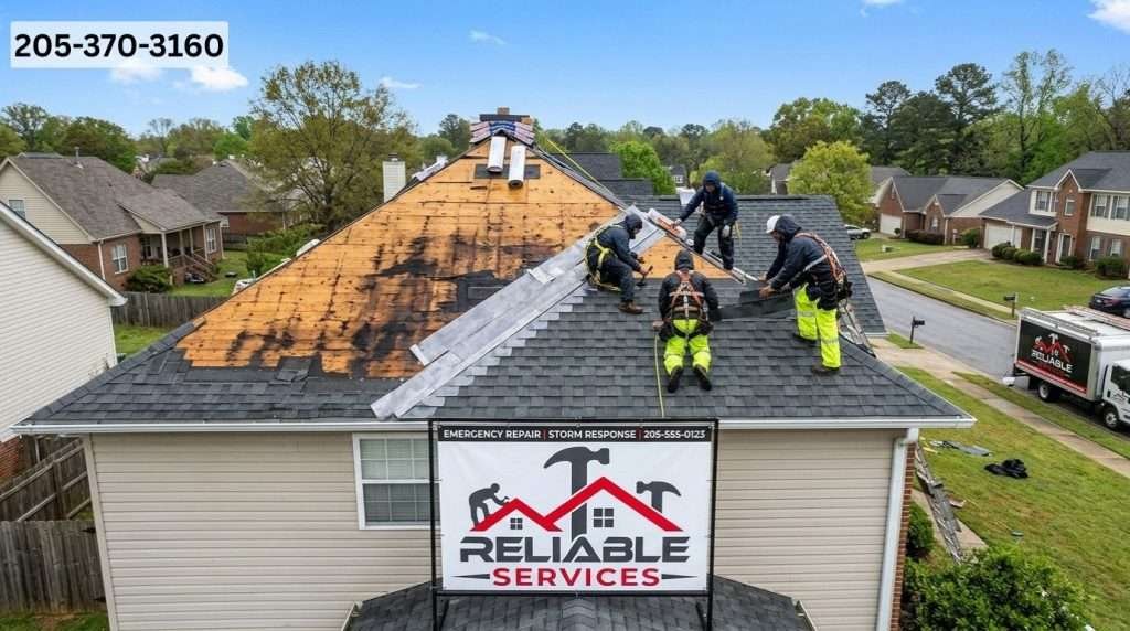 24/7 roof leak repair Birmingham AL - professional roofing crew from Reliable Service Roofing fixing storm damage leak