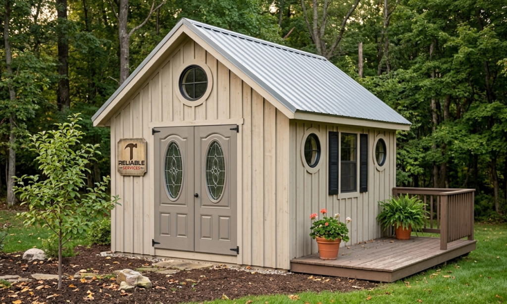 Charming Wooden Garden Shed Design with Gray Metal Roof and Deck