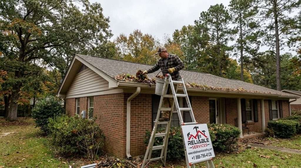 Cleaning roof gutters on an Alabama home to prevent water damage and drainage issues