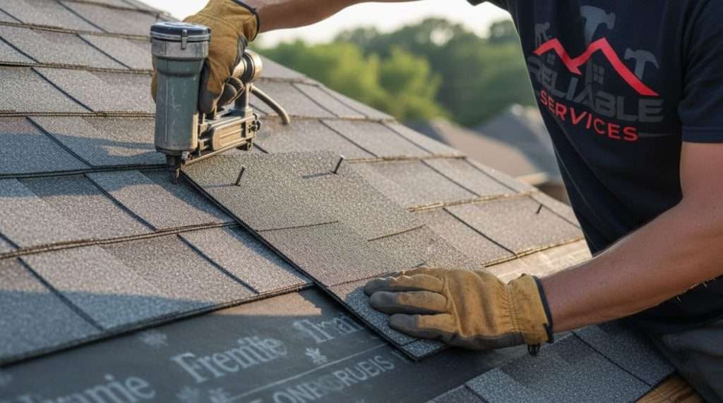 Close-up of asphalt shingle roof installation showing proper sealing and professional roofing craftsmanship in Alabama
