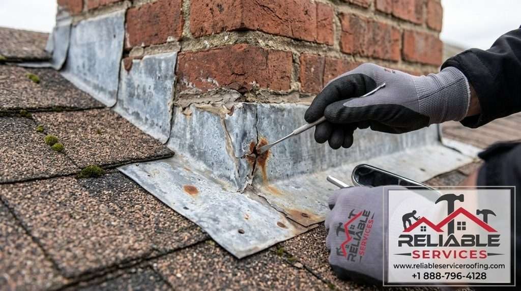 Close-up of roof flashing inspection showing potential cracks and leak points around chimney