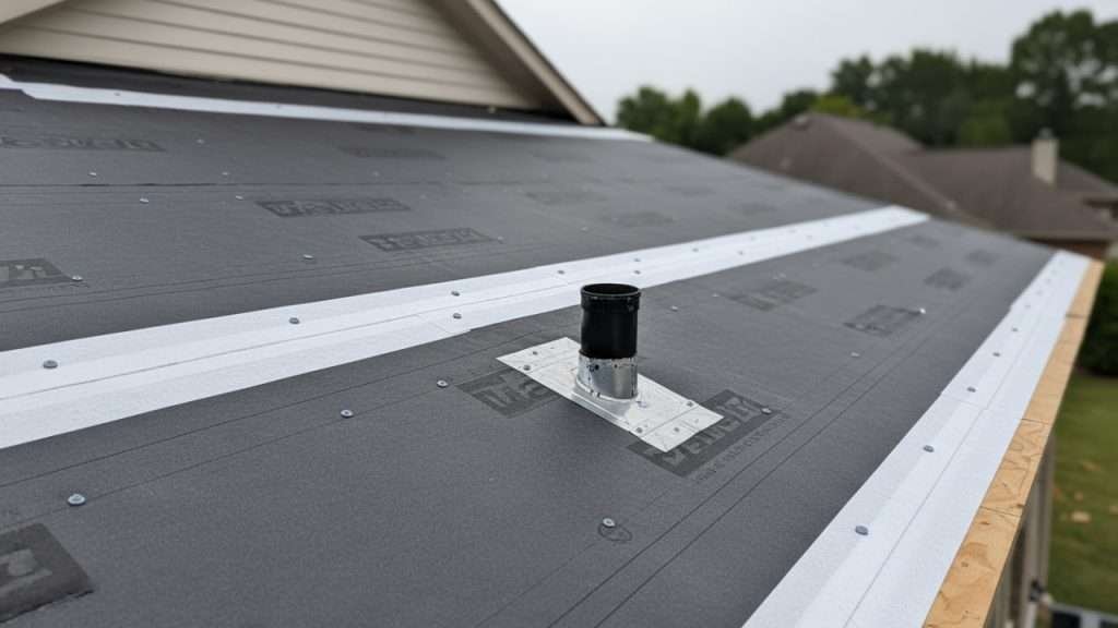 Code‑compliant roof deck with underlayment and ice‑water shield ready for shingles.