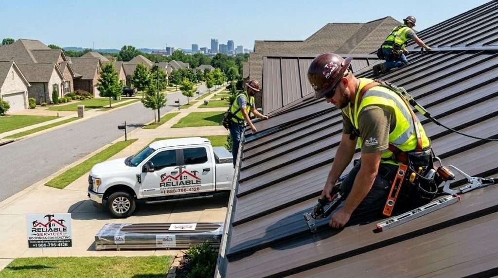 Durable metal roofing protecting a suburban Alabama house from heavy rain and strong winds