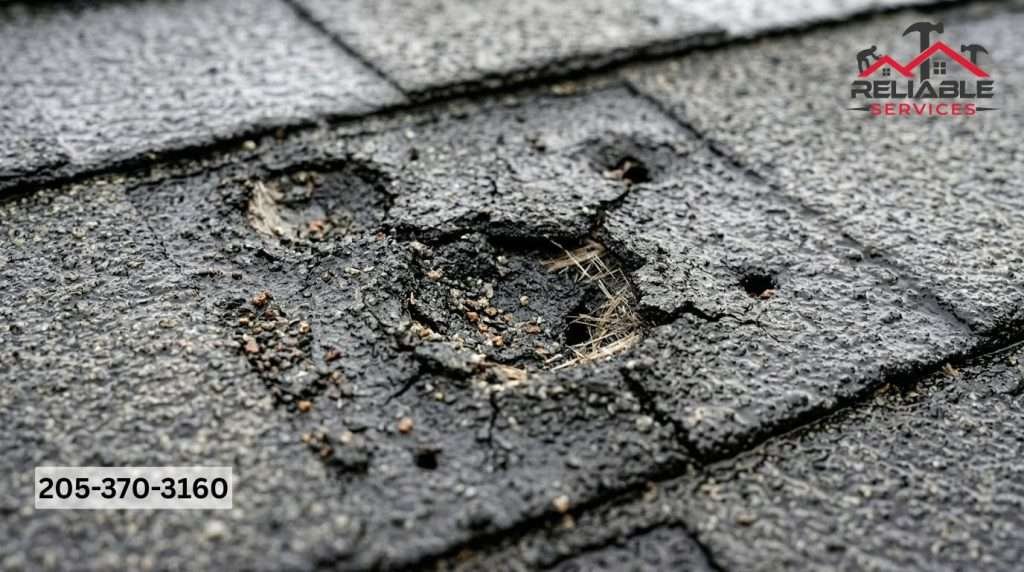 Hail damage roof repair Alabama – close-up view of storm-damaged asphalt shingles in Birmingham