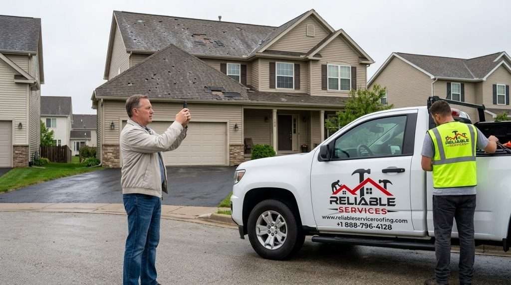 Homeowner taking photos of roof damage for insurance claim after a storm in Birmingham Alabama