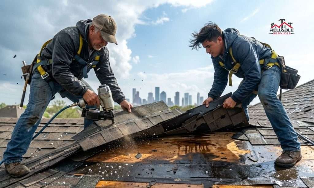 Professional Houston roofers repairing hail damaged shingles after storm