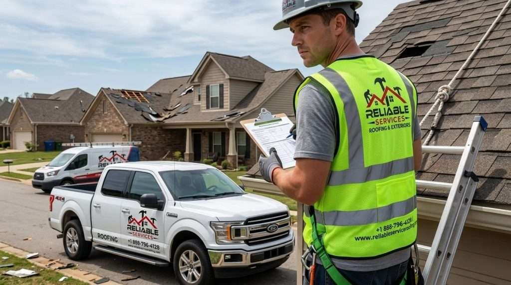 Professional roofing contractor inspecting storm-damaged roof in Birmingham Alabama for insurance assessment