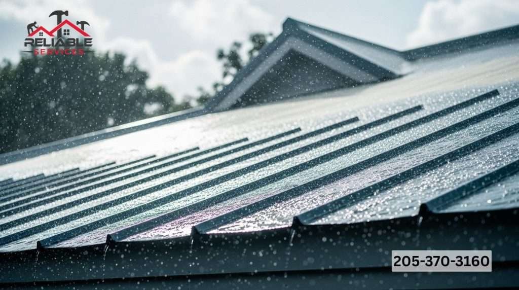 Rain on metal roof panels with water droplets and cloudy sky