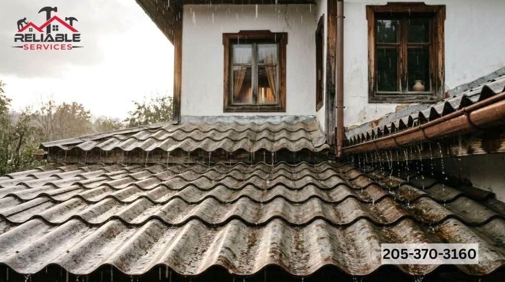 Rain on old tiled house roof with gutters and rustic windows