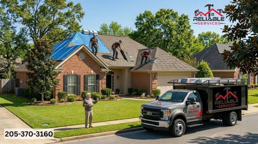 Reliable Service Roofing team performing emergency storm damage roof repair in Birmingham Alabama
