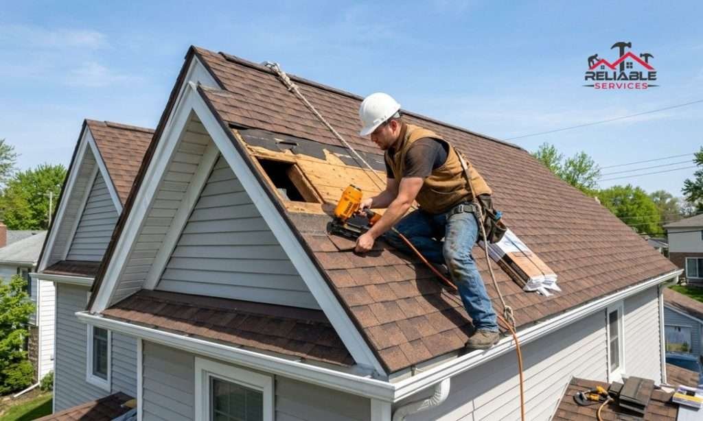 Roof Repair in Progress – Roofer Replacing Shingles on a Two-Story Home
