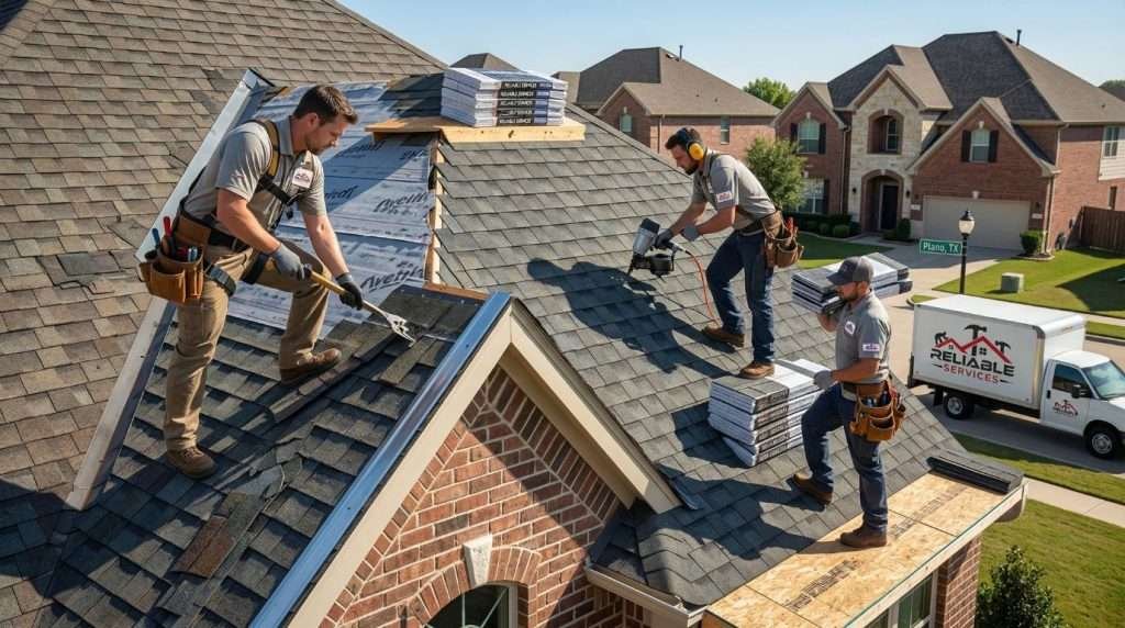 Roof Replacement Process in Plano Texas – Skilled Roofers Installing New Shingles