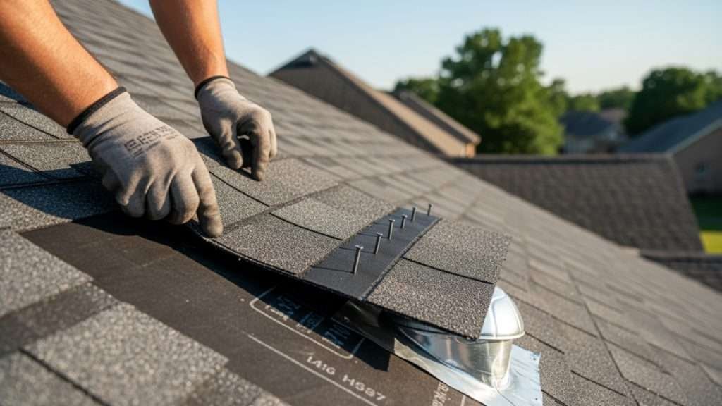 Roofer installing code‑compliant asphalt shingles on a residential roof in Alabama.