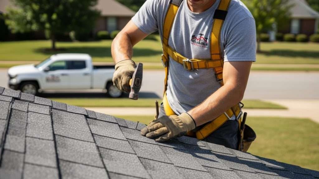 Roofer laying new shingles on a sloped residential roof in daylight.