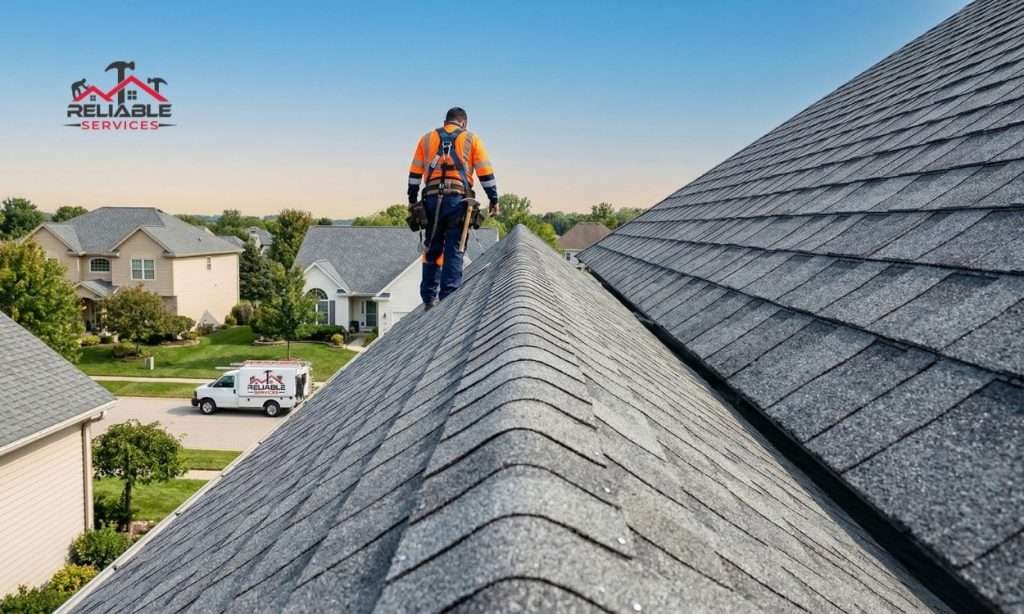Roofer with Safety Harness on Modern Suburban Home