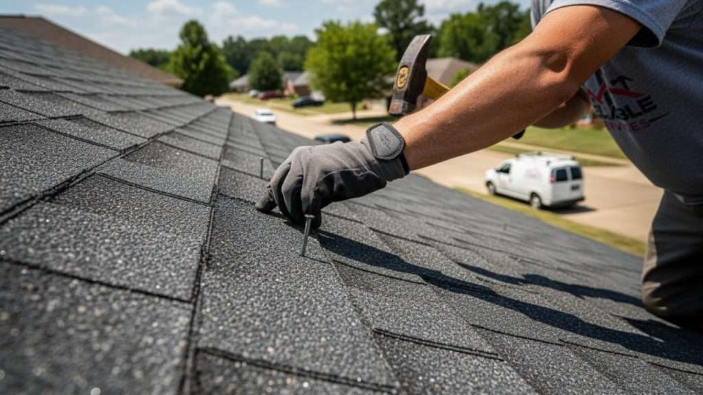 Roofing crew installing synthetic underlayment on a residential roof deck.