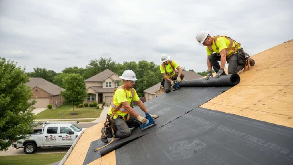 Roofing crew installing synthetic underlayment over a residential roof deck.
