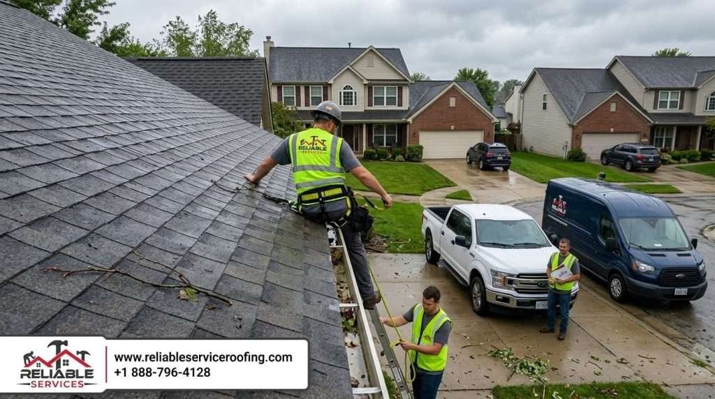 Severe storm damage with missing shingles and debris on a suburban house roof