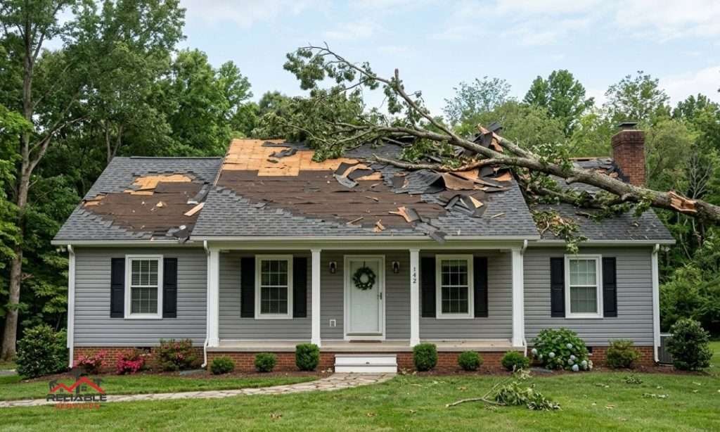Storm-Damaged Roof on a Suburban Home – Shingles Missing After Severe Weather