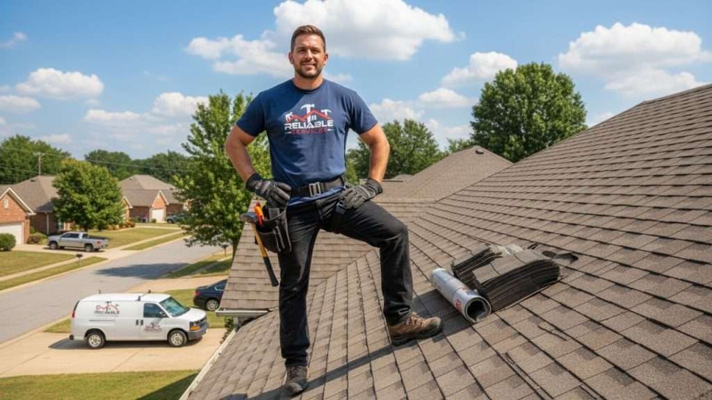confident professional roofer standing on a residential roof