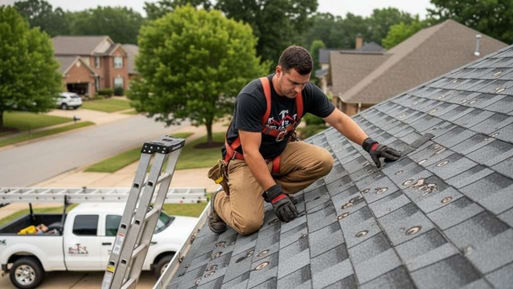 professional roofing contractor inspecting hail damage