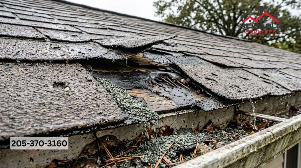 roof replacement warning signs Birmingham AL - cracked curling shingles and granules in gutters on Alabama home