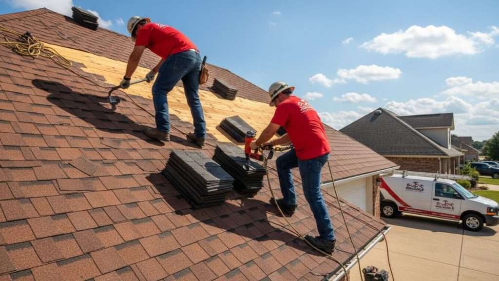 roofing team actively repairing hail-damaged roof
