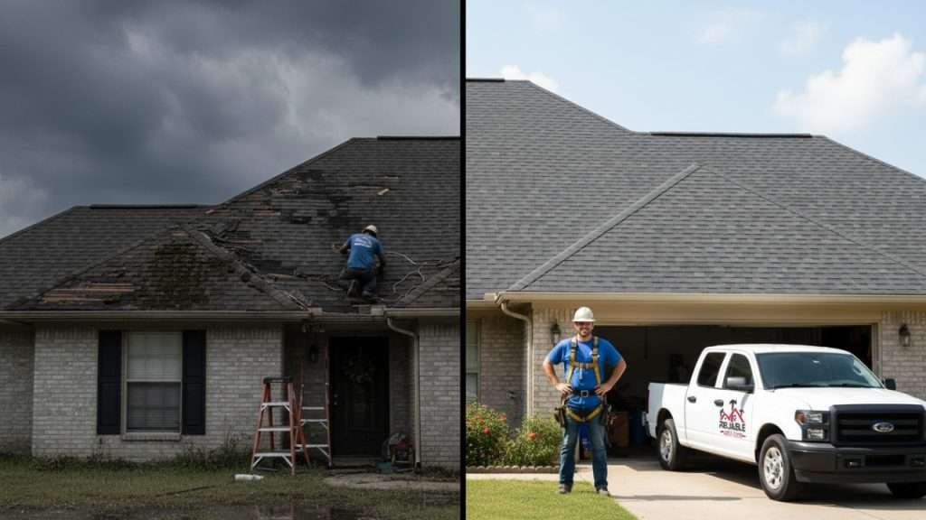 side-by-side comparison of a residential roof in Alabama