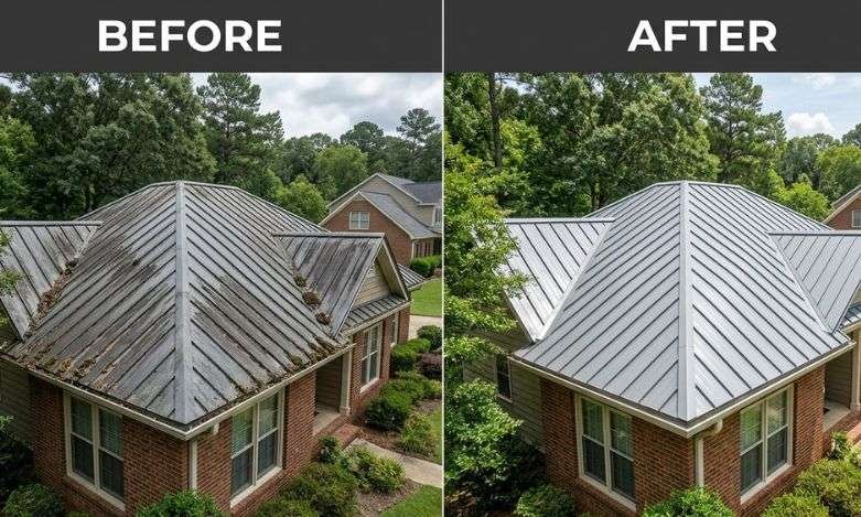 After Roof Cleaning in Birmingham AL – Bright, Shiny Metal Roof with Professional Soft Wash