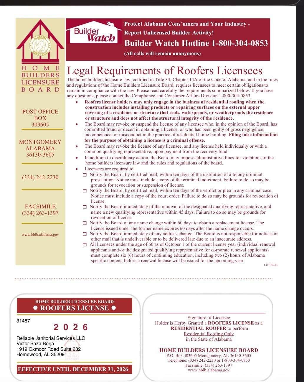 Alabama Home Builders Licensure Board Roofers License for Reliable Services