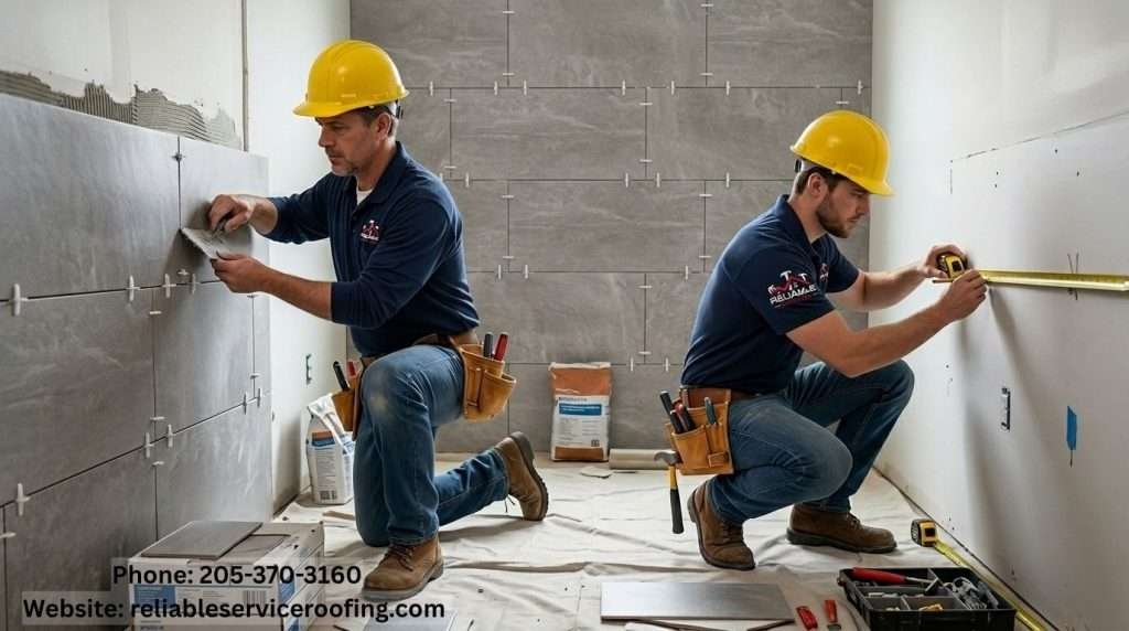 Bathroom Remodel Timeline Birmingham AL - Reliable Service Roofing Team Installing Tile