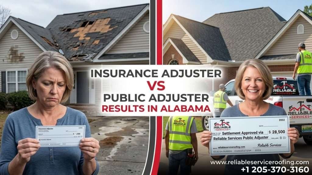Before and after hiring a public adjuster for roof claim in Alabama