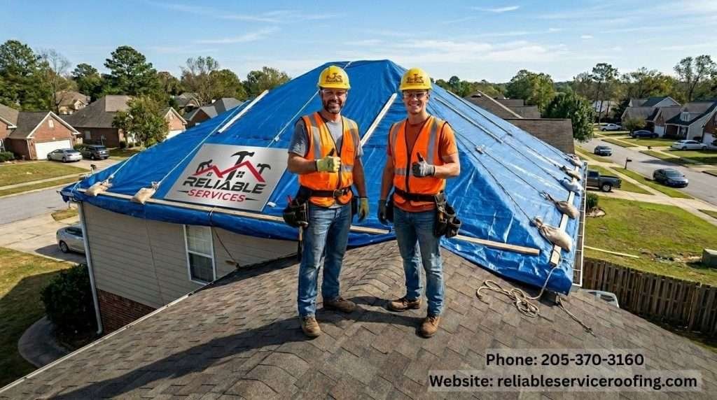 Birmingham roofers after completing professional emergency roof tarping job