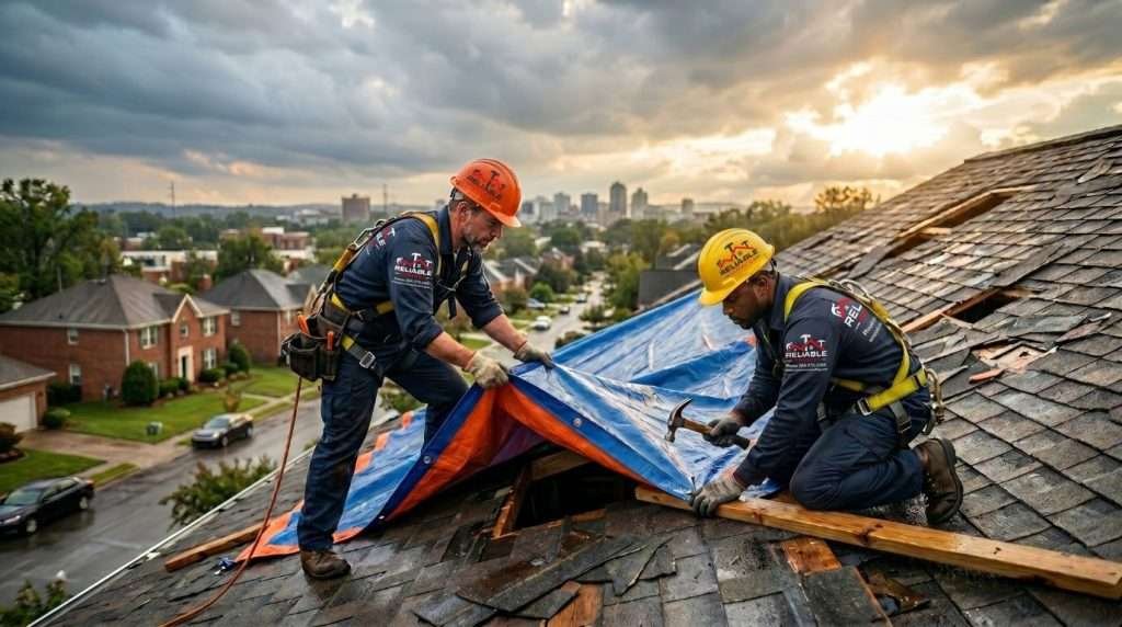 Emergency roof tarp installation on storm-damaged roof in Birmingham AL