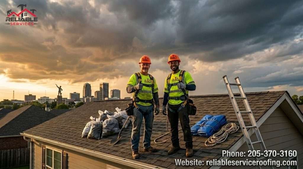 Emergency roof tarping crew securing blue tarp over damaged roof after storm