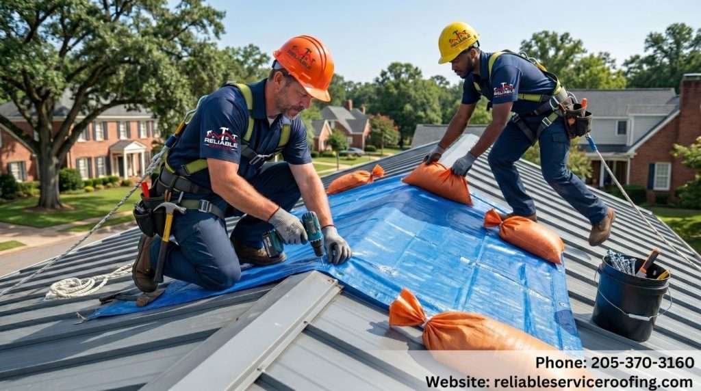 Emergency roof tarping service on metal roof in Birmingham Alabama