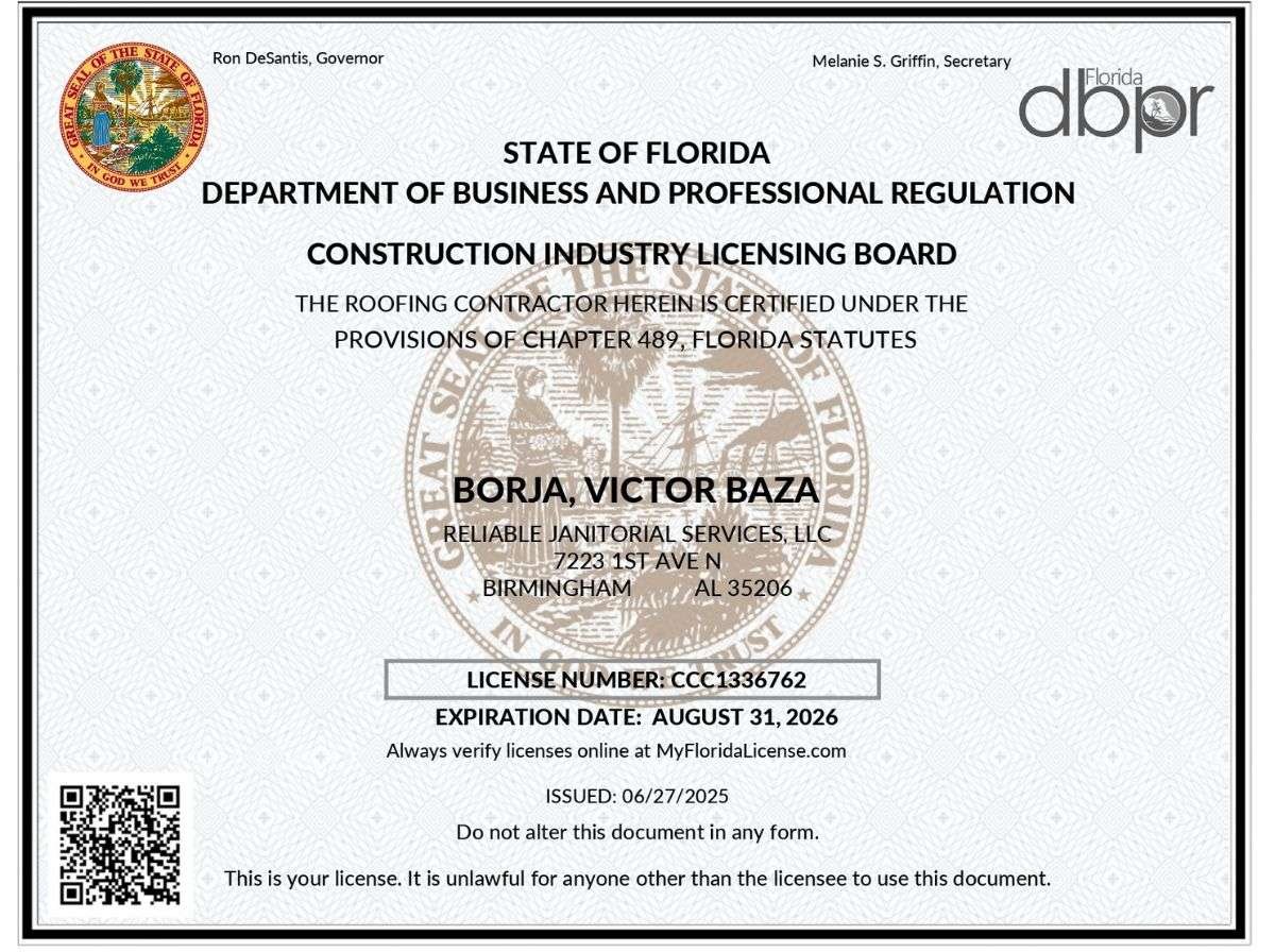 Florida Certified Roofing Contractor License for Victor Baza Borja