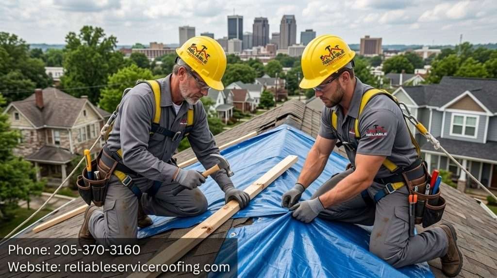 How to tarp a leaking roof_ Roofers securing reinforced poly tarp on Birmingham home
